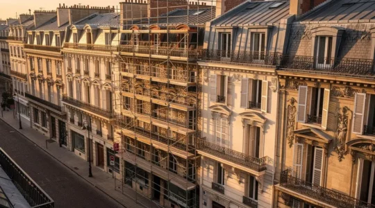 Façades d'immeubles historiques français en cours de rénovation avec échafaudages élégants dans un quartier patrimonial préservé