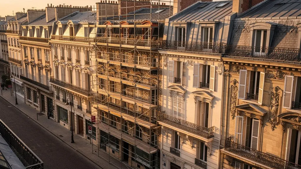 Façades d'immeubles historiques français en cours de rénovation avec échafaudages élégants dans un quartier patrimonial préservé
