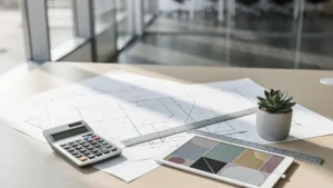 Vue d'un bureau moderne avec plans d'architecte et calculatrice pour investissement immobilier