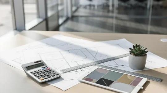Vue d'un bureau moderne avec plans d'architecte et calculatrice pour investissement immobilier