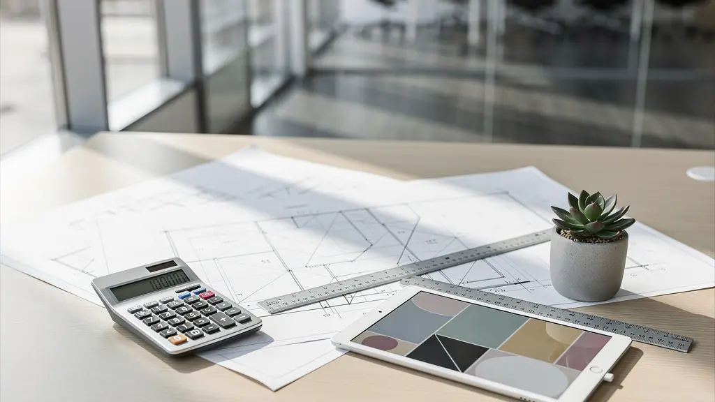 Vue d'un bureau moderne avec plans d'architecte et calculatrice pour investissement immobilier