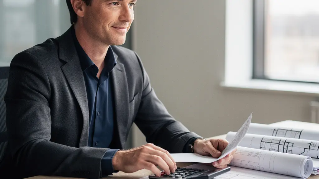 Investisseur immobilier consultant des documents fiscaux et calculant l'amortissement LMNP dans un bureau moderne