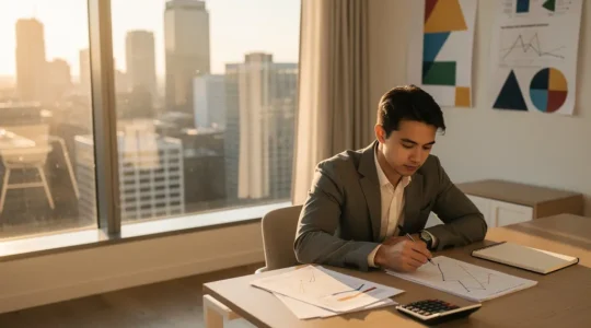 Jeune professionnel analysant ses investissements avec vue sur la ville moderne