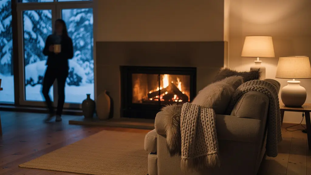 Intérieur chaleureux d'une maison en hiver avec cheminée allumée et décoration cosy