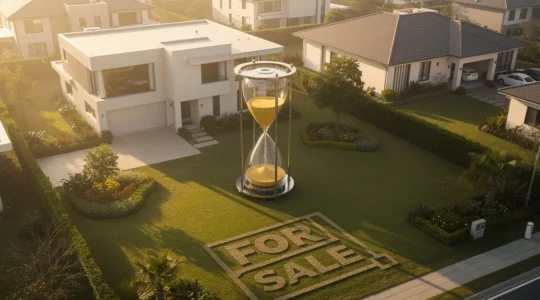 Vue aérienne d'une maison avec une horloge de sable géante dans le jardin, symbolisant le temps qui s'écoule pour la vente immobilière