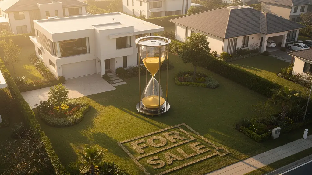 Vue aérienne d'une maison avec une horloge de sable géante dans le jardin, symbolisant le temps qui s'écoule pour la vente immobilière
