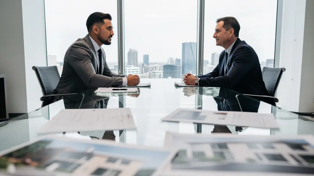 Discussion professionnelle entre vendeur et agent immobilier dans un bureau moderne