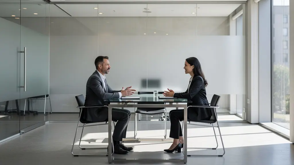 Deux professionnels en discussion dans un environnement bancaire minimaliste, évoquant une négociation de prêt.