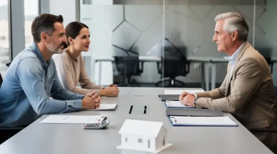 Discussion professionnelle entre conseiller bancaire et clients pour négocier un crédit immobilier