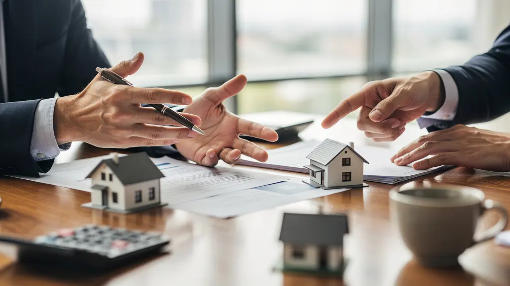 Discussion professionnelle entre agent immobilier et clients autour de documents