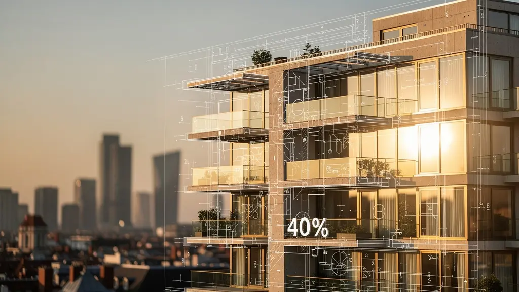 Vue perspective d'un immeuble moderne avec effet de transparence symbolisant le démembrement de propriété