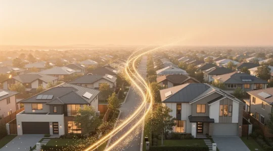 Vue aérienne d'un quartier résidentiel avec deux maisons reliées par un pont symbolique en lumière dorée, représentant la transition immobilière