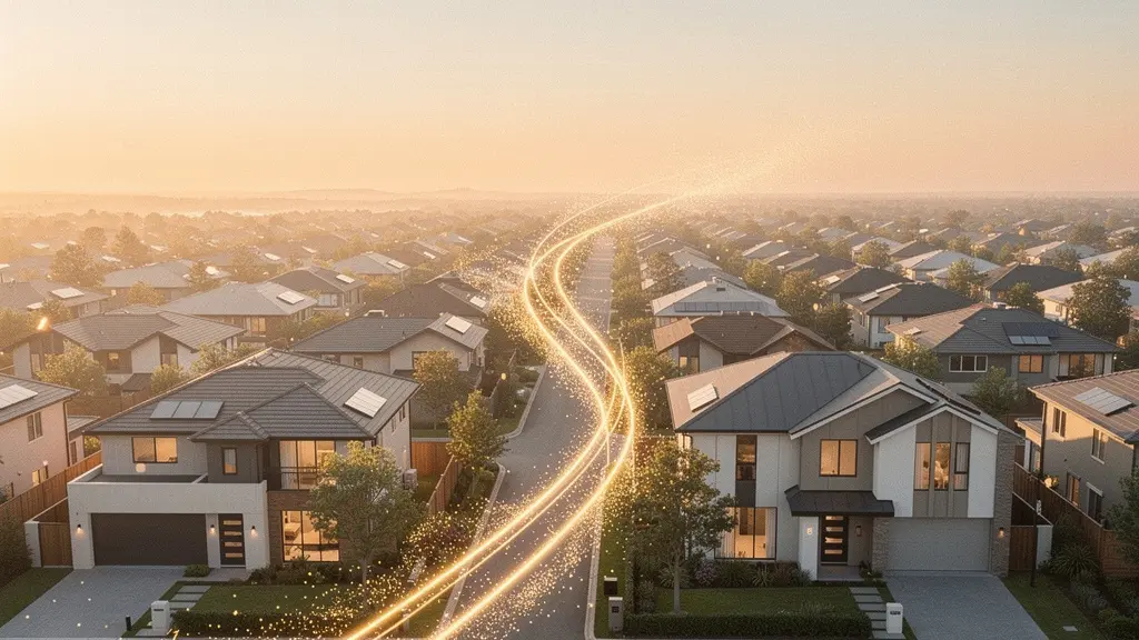 Vue aérienne d'un quartier résidentiel avec deux maisons reliées par un pont symbolique en lumière dorée, représentant la transition immobilière