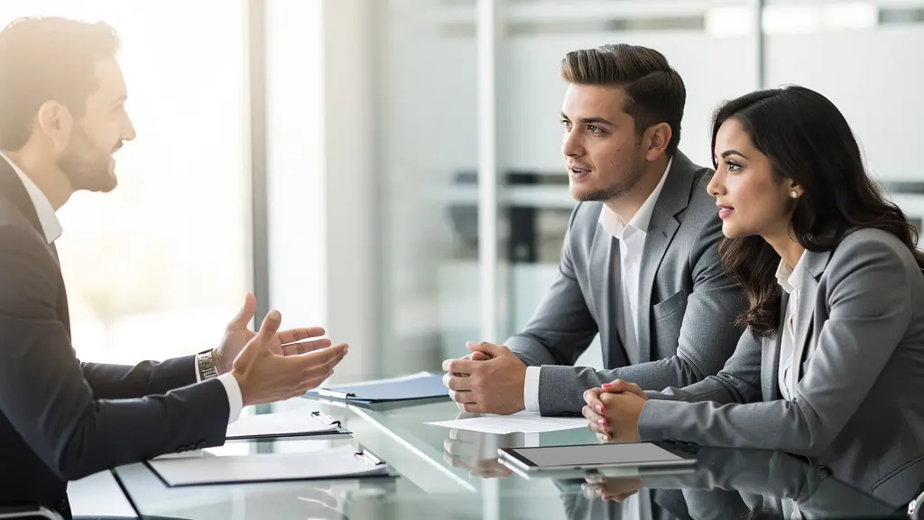Jeune couple consultant des documents financiers avec une conseillère bancaire dans un bureau moderne