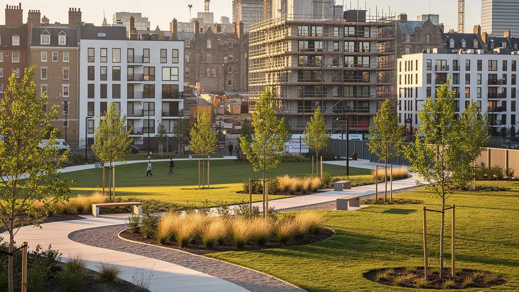 Vue panoramique d'un quartier en rénovation avec immeubles neufs et espaces verts
