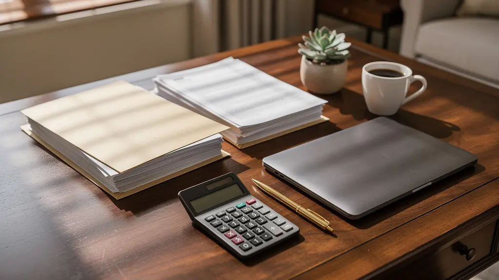 Vue aérienne d'un bureau moderne avec des documents financiers et une calculatrice