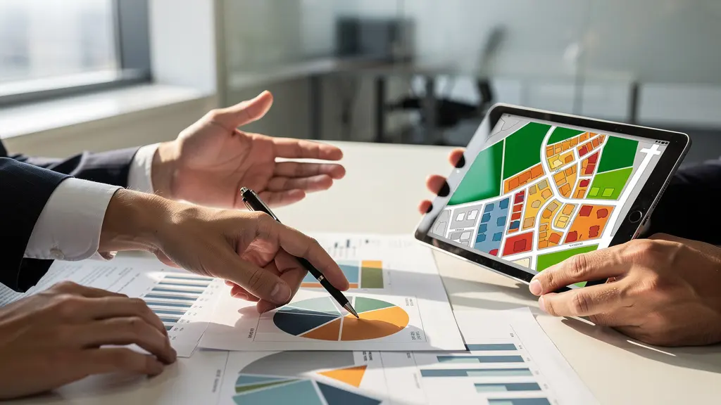 Agent immobilier présentant des documents d'analyse comparative à des clients