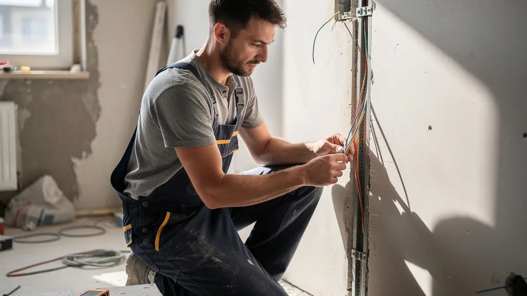 Électricien professionnel installant des câbles électriques dans les murs d'un appartement en rénovation