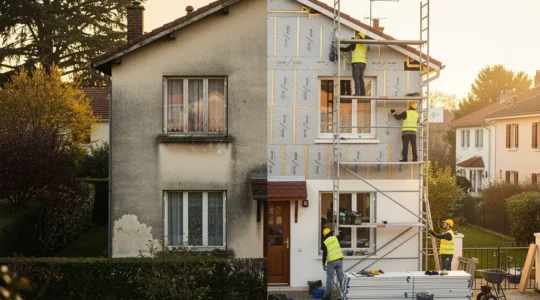 Maison en cours de rénovation énergétique montrant l'avant et l'après des travaux d'isolation
