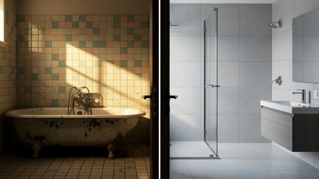 Comparaison visuelle d'une salle de bain datée des années 80 et d'une salle de bain moderne et épurée.