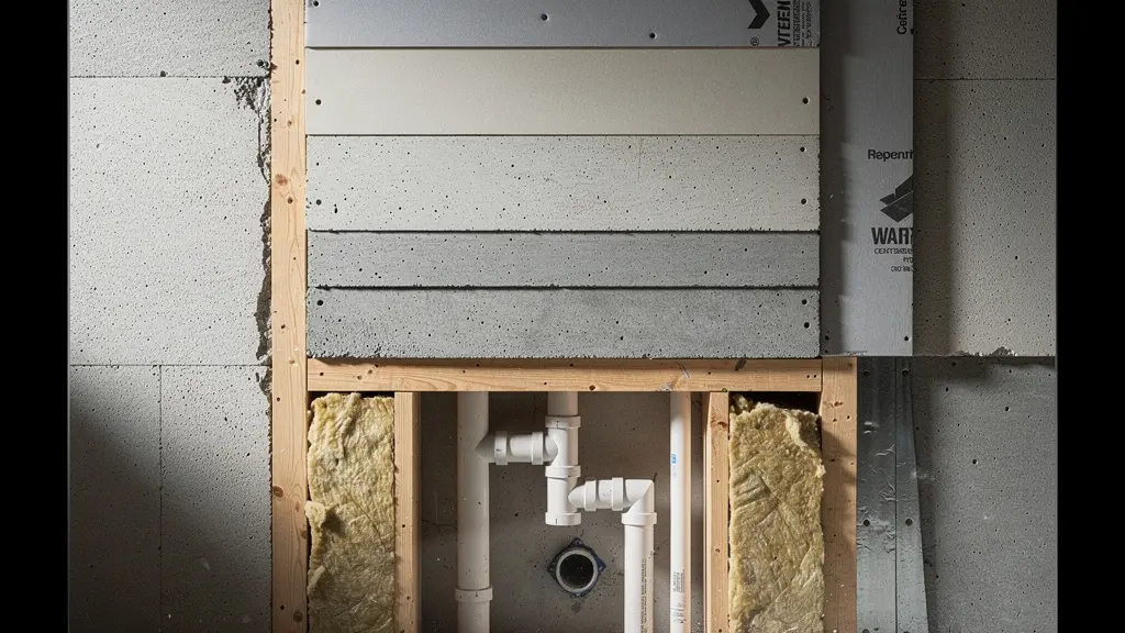 Schéma technique montrant les zones à risque d'amiante dans une salle de bain typique des années 1980