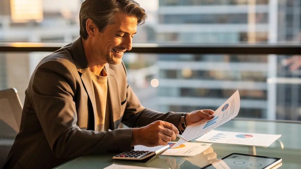 Investisseur analysant des documents financiers avec des immeubles modernes en arrière-plan flou