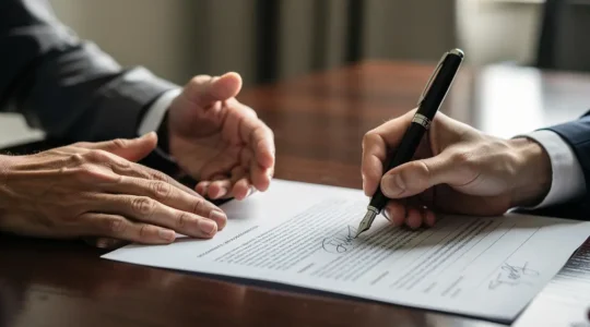 Moment de signature d'un compromis de vente immobilier dans un bureau moderne