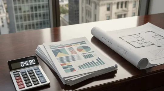 Analyse stratégique immobilière et fiscale avec documents et calculatrice