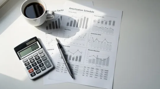 Vue en plongée d'un bureau avec tableau d'amortissement, calculatrice et graphiques financiers