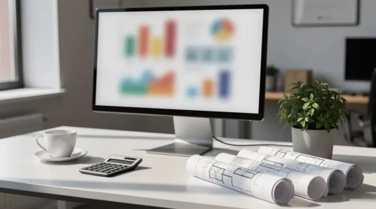 Vue d'ensemble d'un bureau moderne avec tableur Excel affichant des calculs de business plan immobilier sur écran d'ordinateur