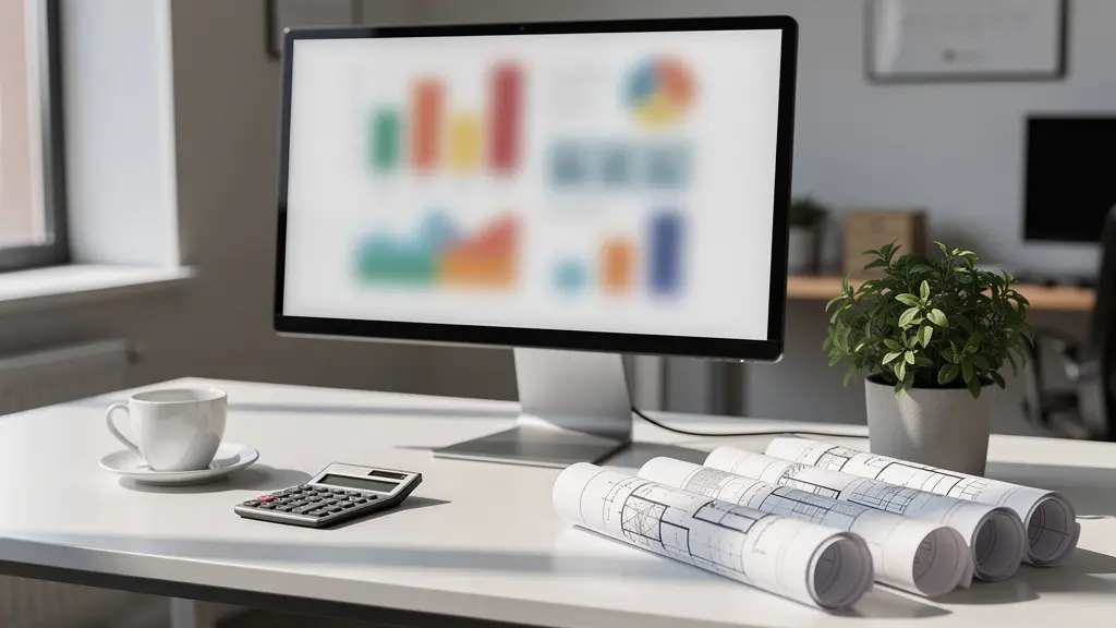 Vue d'ensemble d'un bureau moderne avec tableur Excel affichant des calculs de business plan immobilier sur écran d'ordinateur