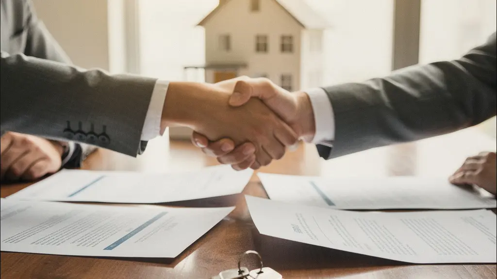 Poignée de main entre vendeur et acheteur avec clés et documents contractuels sur table en bois