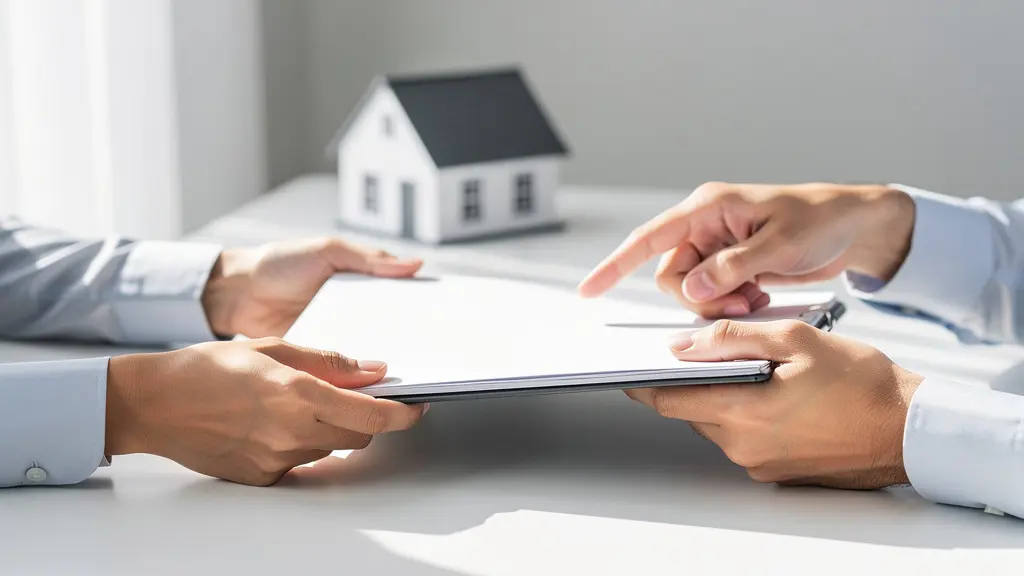 Mains échangeant un dossier épais de documents avec maison miniature floue en arrière-plan