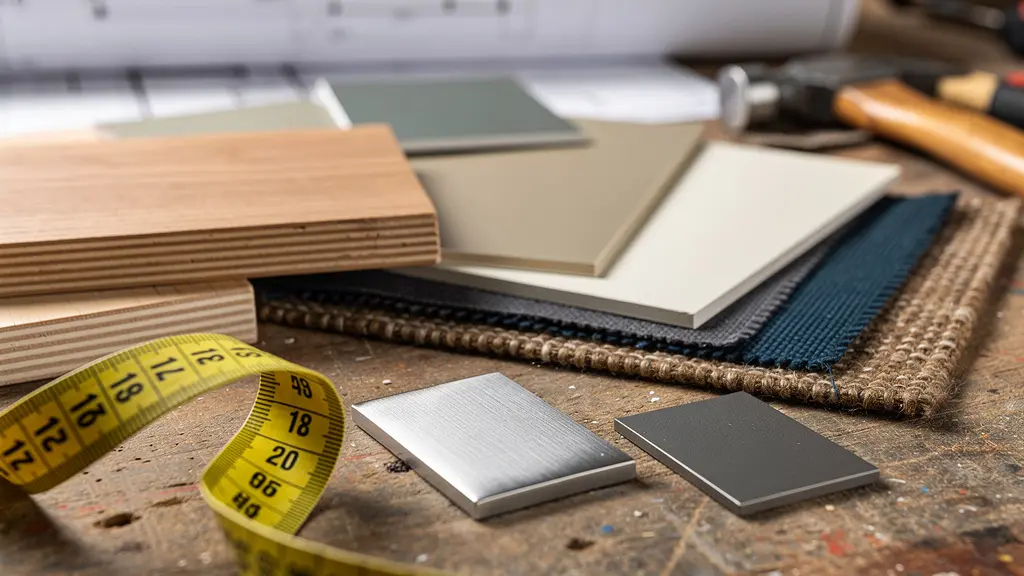 Table de travail avec échantillons de matériaux, plans de rénovation et calculatrice pour estimer les coûts de travaux