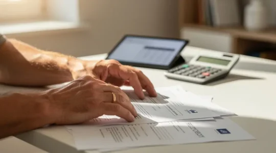 Propriétaire analysant documents financiers immobiliers sur bureau moderne