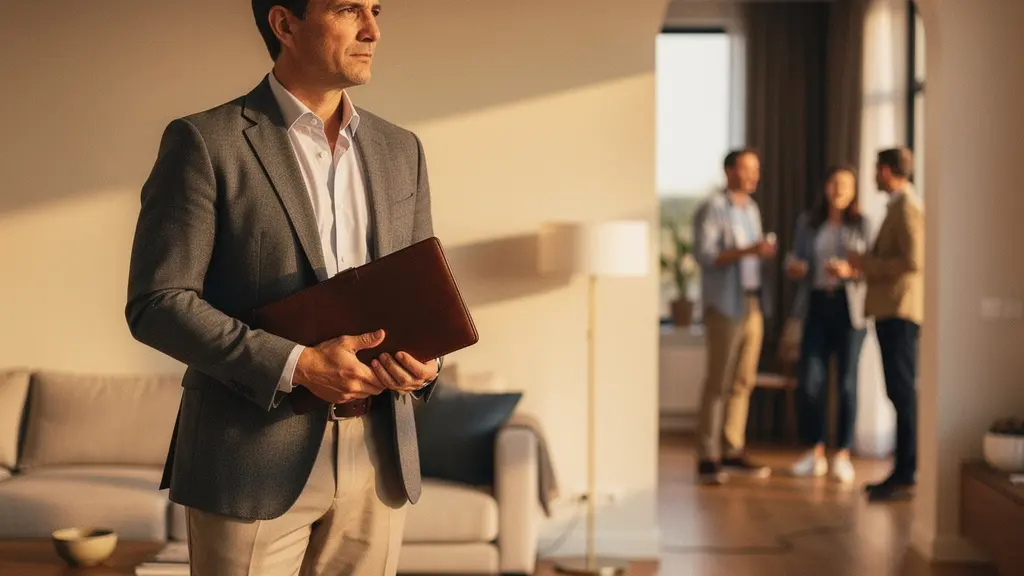 Vendeur immobilier professionnel évaluant discrètement des documents financiers lors d'une visite de propriété