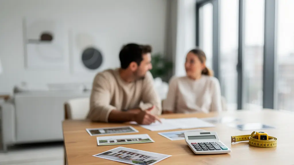 Négociation immobilière entre particuliers avec documents juridiques sur table en bois