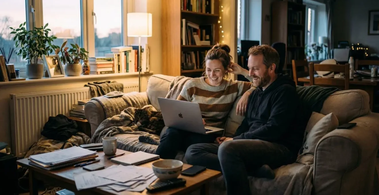 Un couple assis sur un canapé regarde un ordinateur portable posé sur une table basse encombrée de documents, lumière chaleureuse de fin de journée