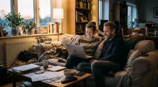 Un couple assis sur un canapé regarde un ordinateur portable posé sur une table basse encombrée de documents, lumière chaleureuse de fin de journée