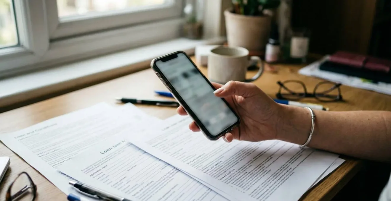 Une main tient un smartphone au-dessus de documents papier sur un bureau à domicile, écran flouté, lumière naturelle de fenêtre