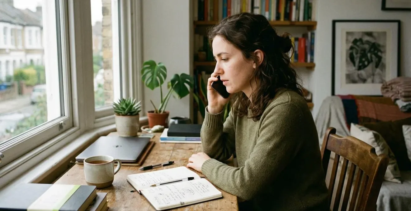 Une personne de profil parle au téléphone près d'une fenêtre, expression concentrée, carnet de notes visible sur le bureau